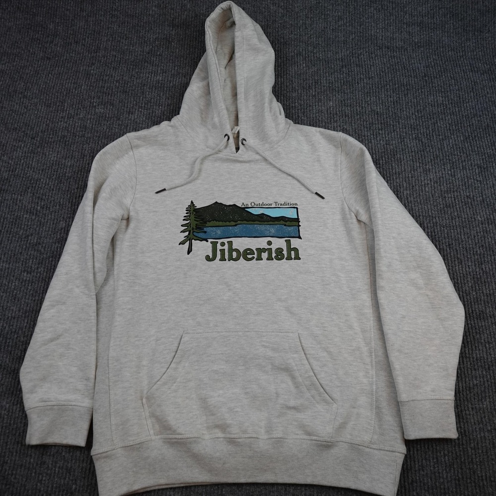 Jiberish Hoodie Mens Large Gray Fleece Pullover Sweatshirt Outdoor Logo Graphic